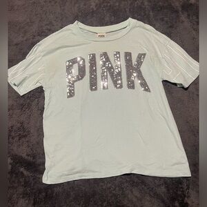 PINK by Victoria Secret crop top short sleeve light blue silver sequins size XS